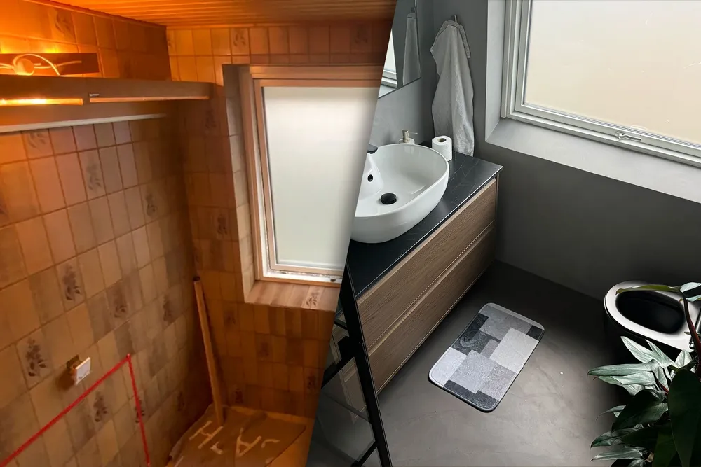  Collage af før og efter 80'er badeværelse til overhaling med microcement